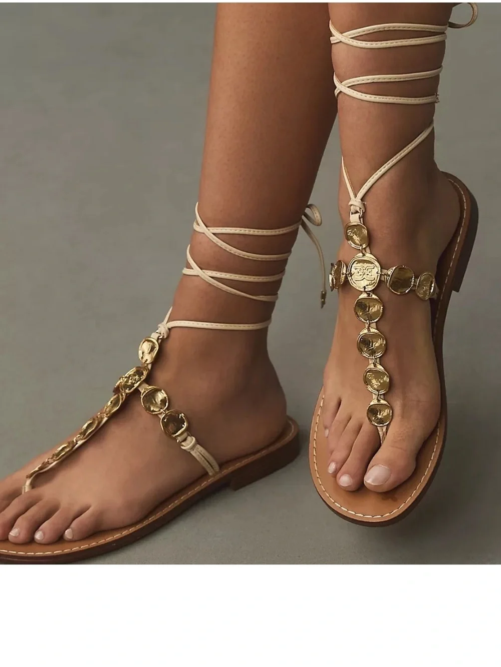 Sam Edelman Beige Lace-Up Sandals with Gold Discs